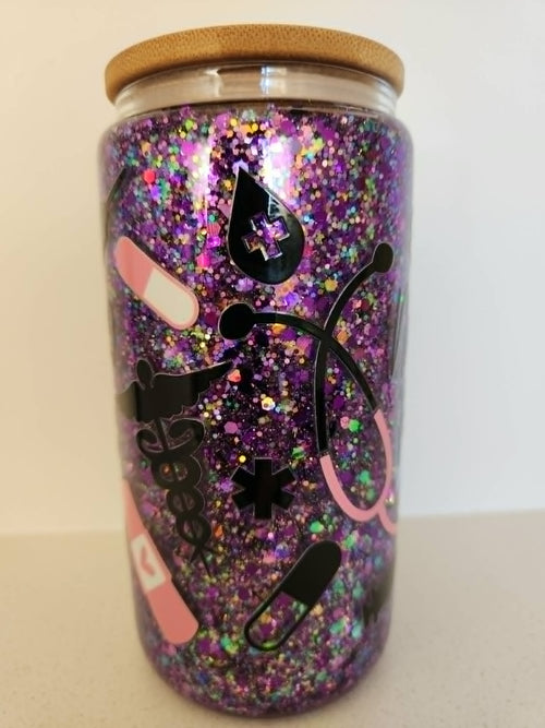 16oz Snow Globe Glass Libby Cup - Nurse Fuel purple holographic glitter with medical icons stethoscope syringe
