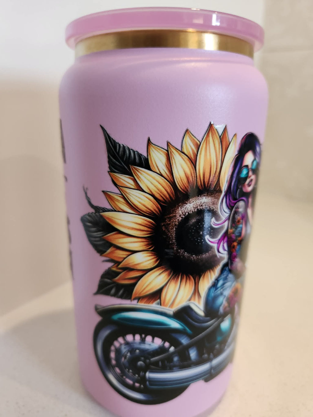 I Gotta Good Heart But This Mouth stainless steel Libby cup - back view showing yellow sunflower with tattooed babe on motorcycle