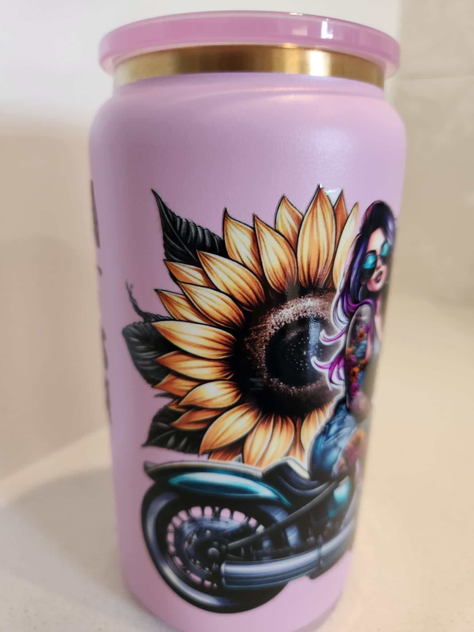 I Gotta Good Heart But This Mouth stainless steel Libby cup - back view showing yellow sunflower with tattooed babe on motorcycle