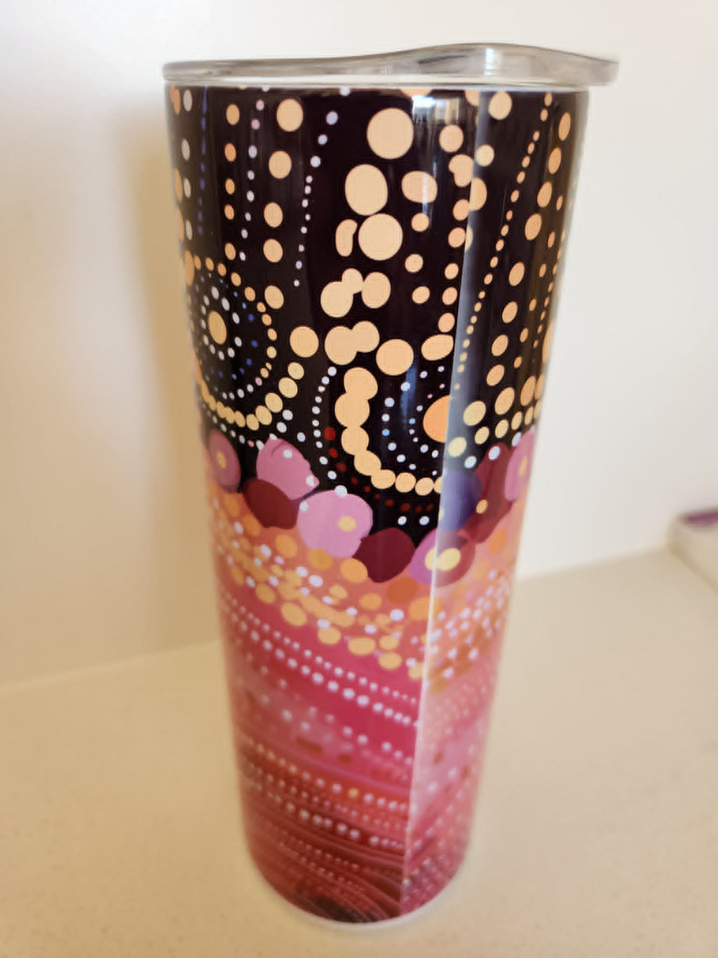 Dreamtime Dots tumbler - back view showing full wrap Aboriginal dot art design