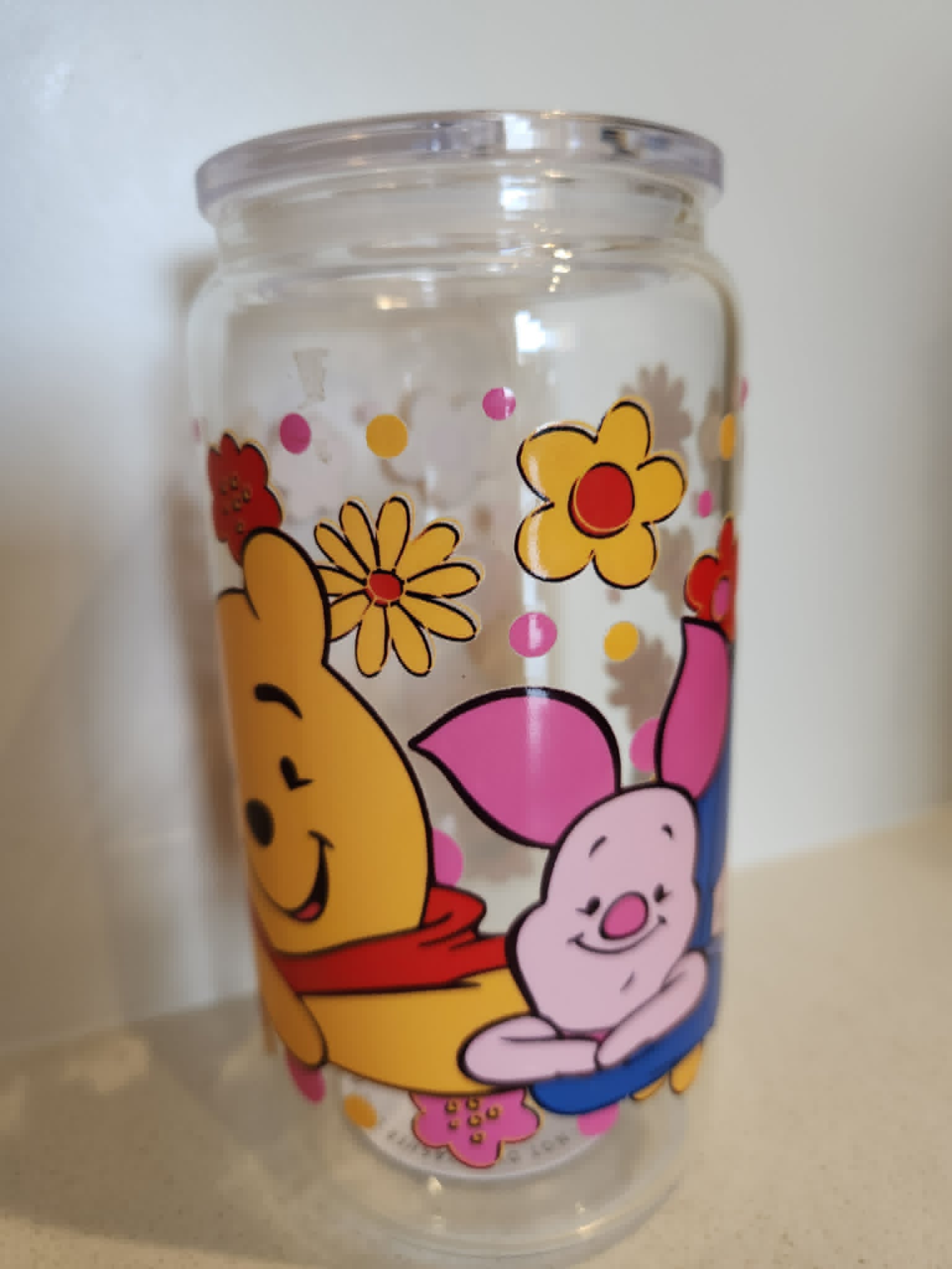 Winnie the Pooh acrylic Libby cup - Pooh and Piglet side with yellow and pink flowers