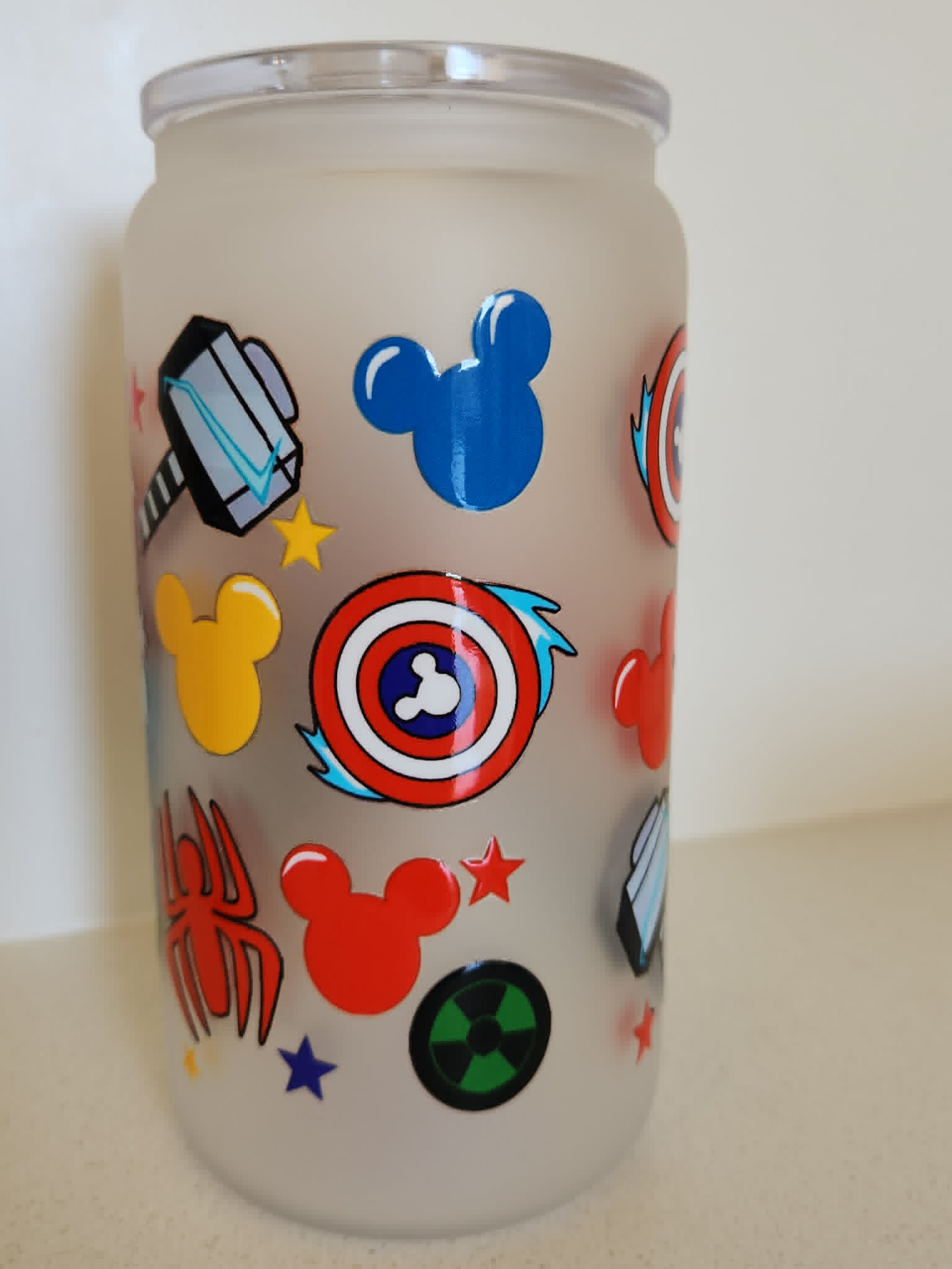 16oz Frosted Glass Libby Cup - Marvel x Disney icons Mickey ears Thor hammer Captain America shield