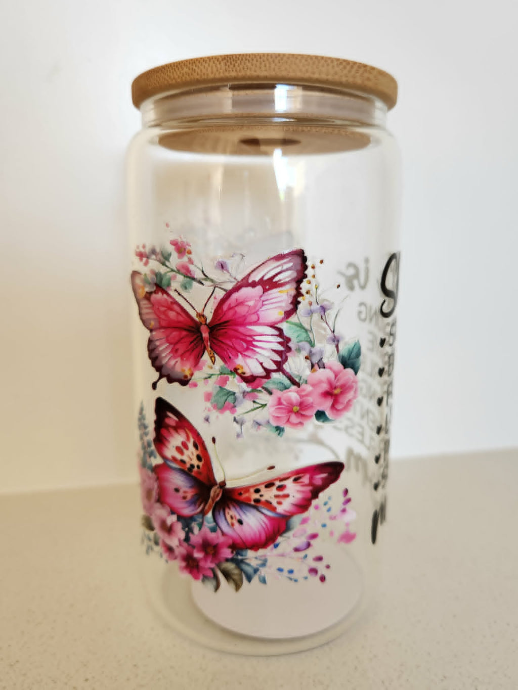 16oz Glass Libby Cup - side view showing butterfly floral and Mom affirmation design