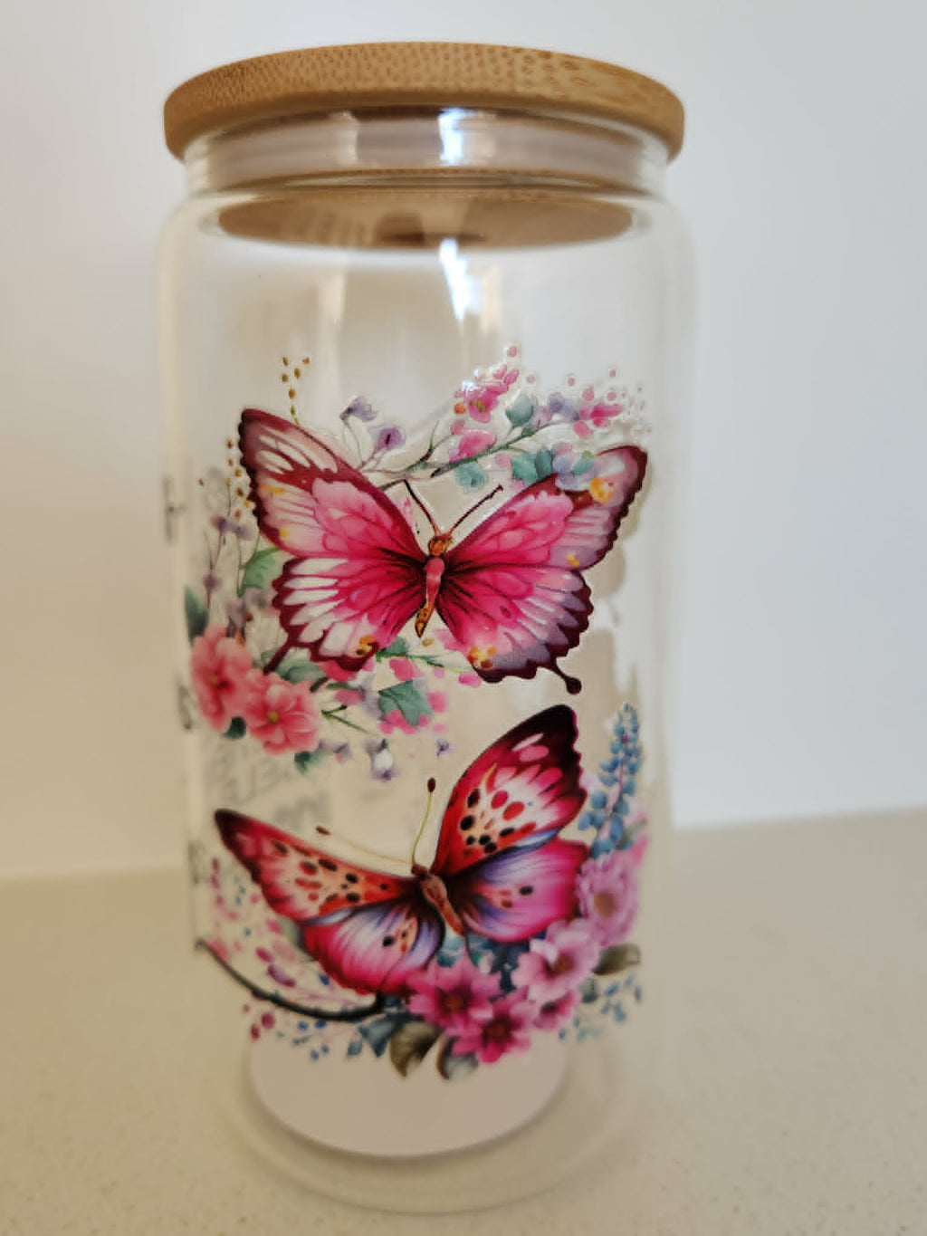 16oz Glass Libby Cup - pink butterfly and floral design