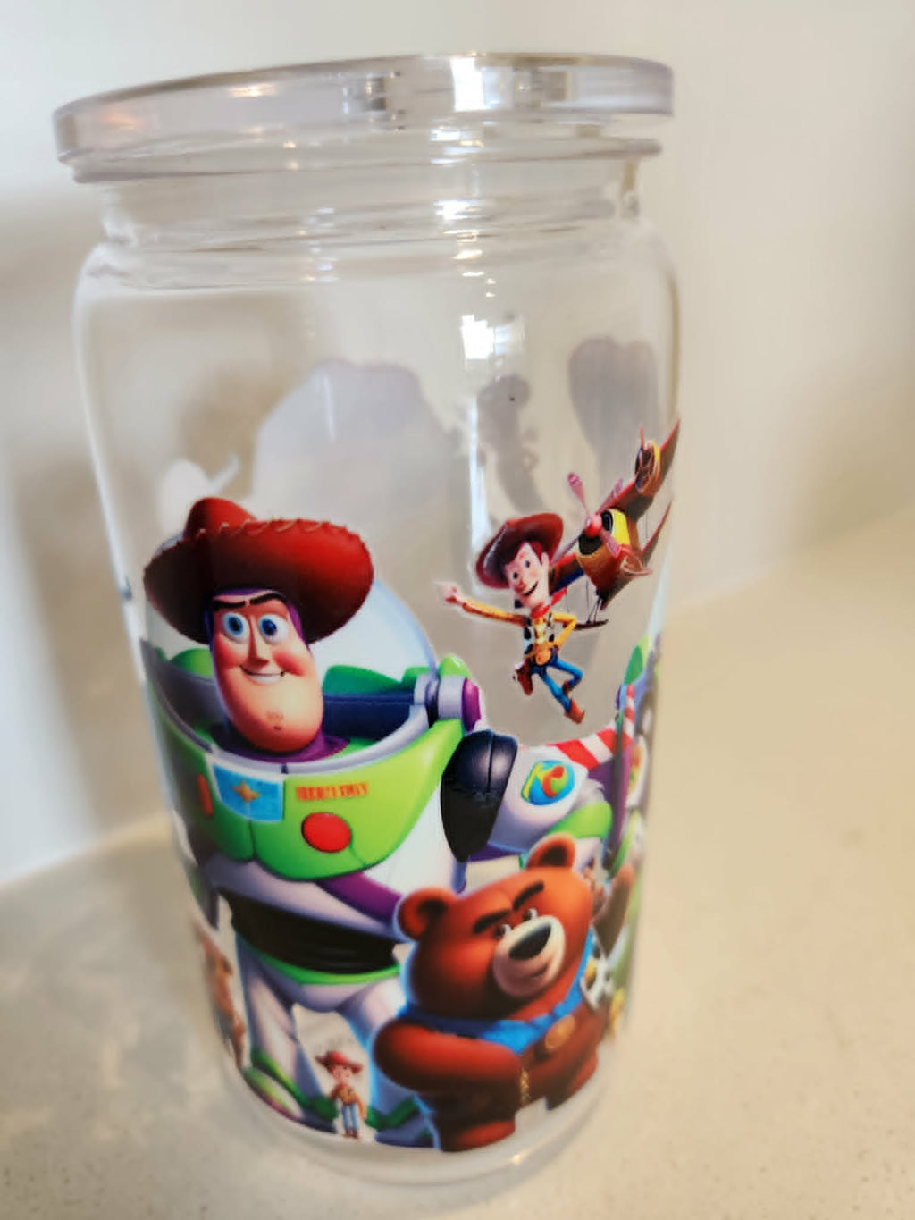 Toy Story acrylic Libby cup - back view showing Buzz and Woody with full character wrap