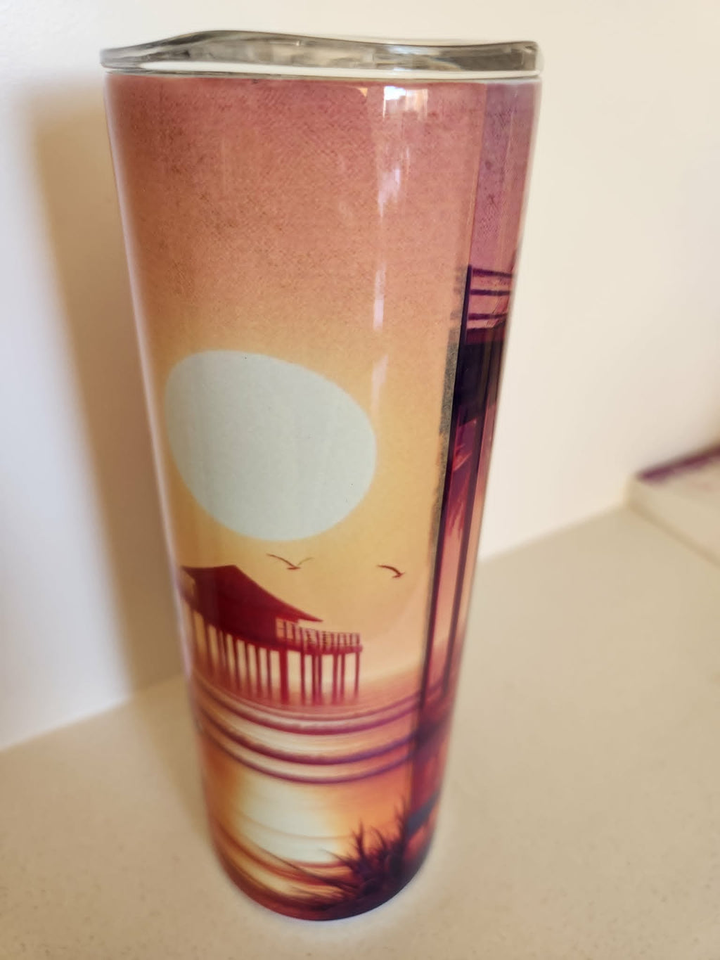 Retro Beach Sunset tumbler - back view with pier, moon and seagulls at sunset