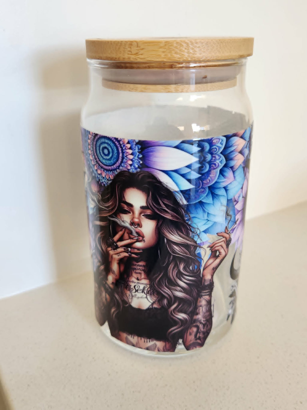 16oz Glass Libby Cup - Tattooed woman with purple mandala floral design