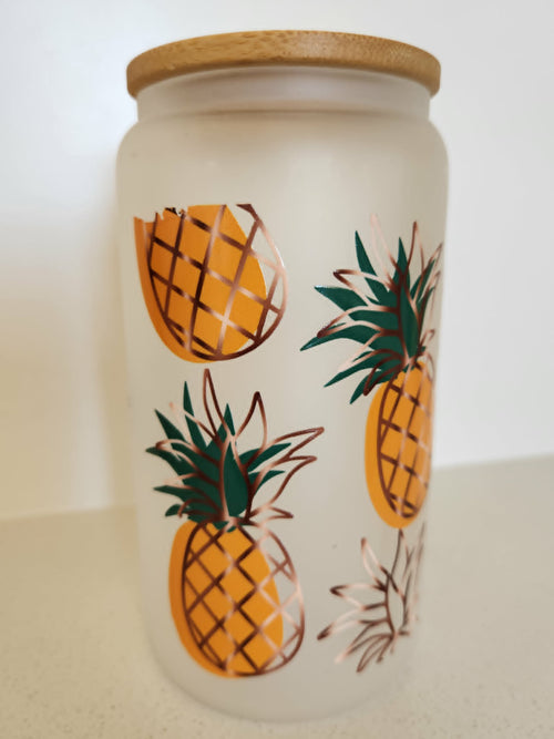 16oz Frosted Glass Libby Cup - tropical pineapple design side view
