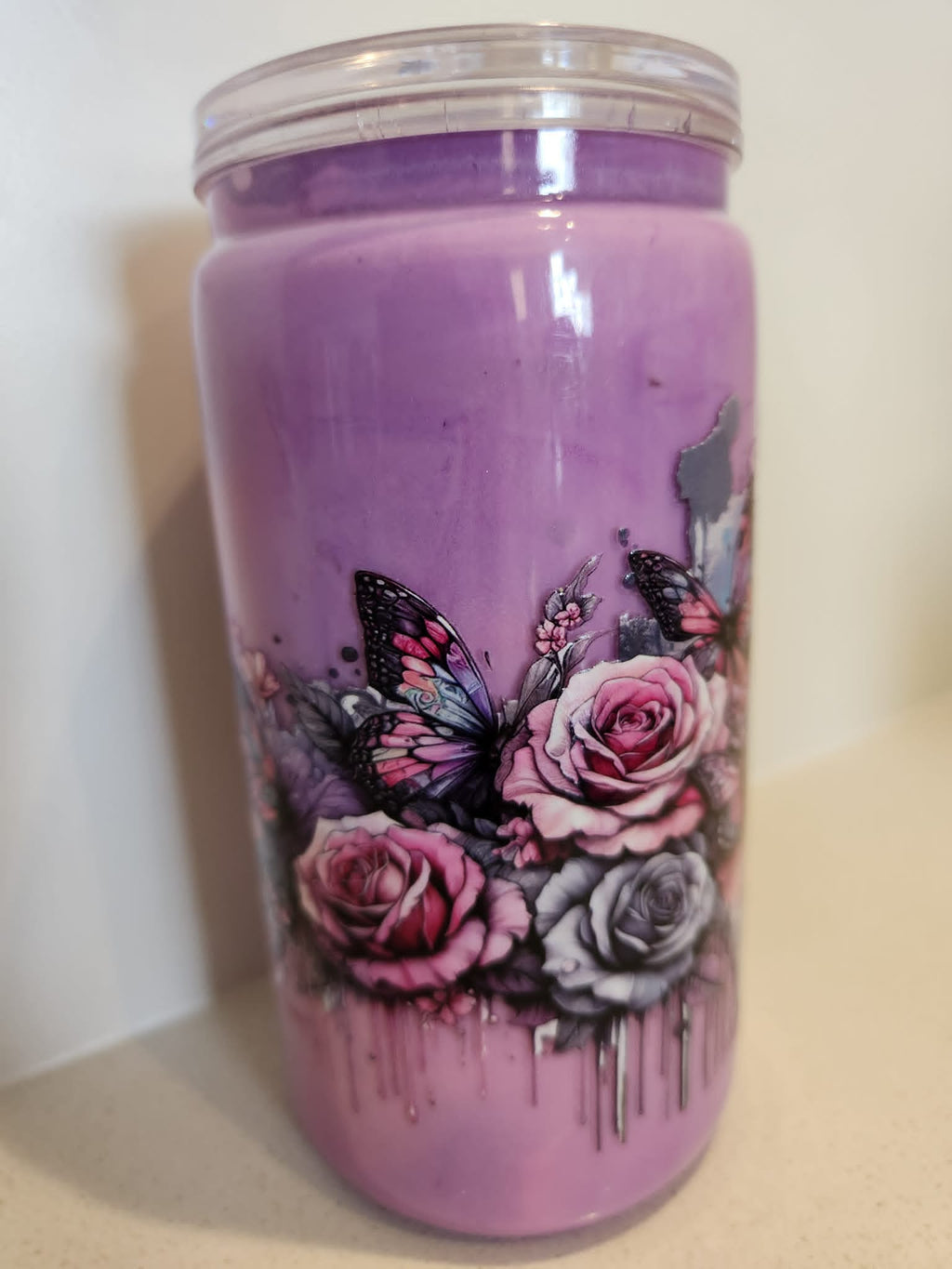 Badass Babe purple snow globe acrylic Libby cup - back view showing pink and grey roses with butterflies and paint drips