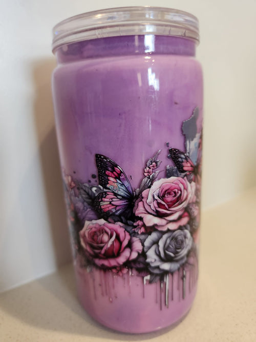 Badass Babe purple snow globe acrylic Libby cup - back view showing pink and grey roses with butterflies and paint drips