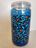 16oz Acrylic Snow Globe - Blue leopard print design front view with glitter fill