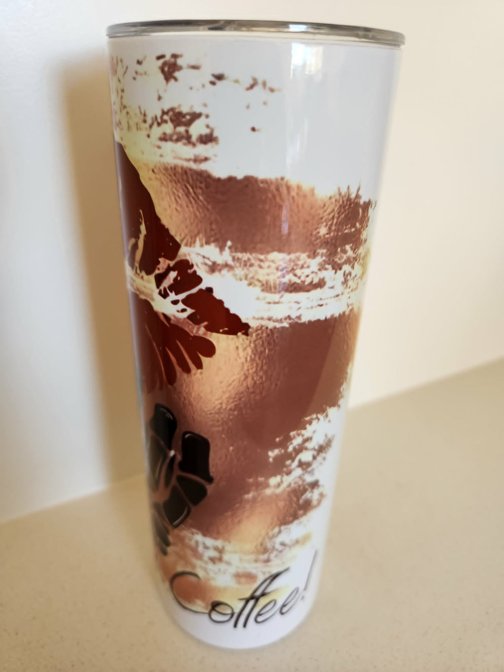 Shhh Not Before Coffee tumbler - side view with bold red lips and skeleton hand