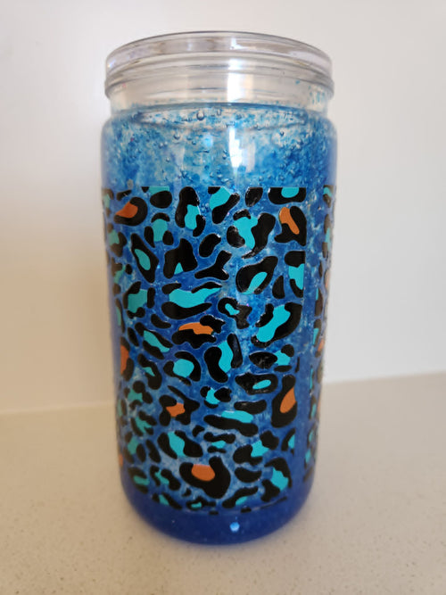 16oz Acrylic Snow Globe - Blue leopard print design side view