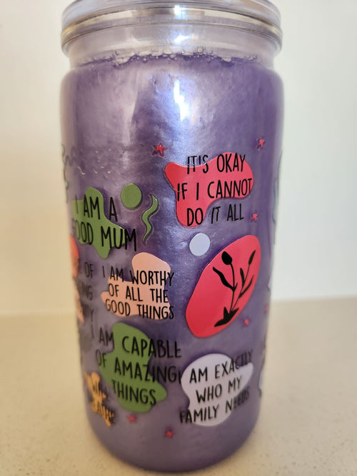 16oz Glass Snow Globe - Mum's Daily Affirmations side view with I Am a Good Mum affirmations