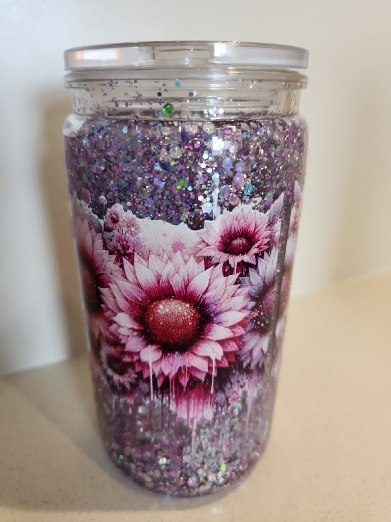 Purple Sunflower Rose snow globe acrylic Libby cup - back view showing full floral wrap with paint drips through glitter