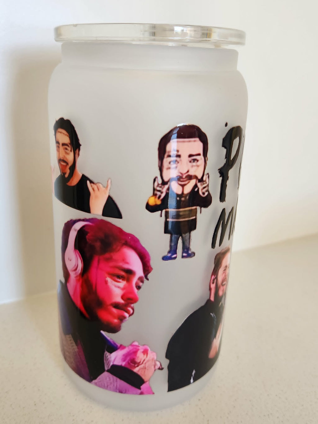 16oz Frosted Glass Libby Cup - Post Malone cartoon and photo collage side view