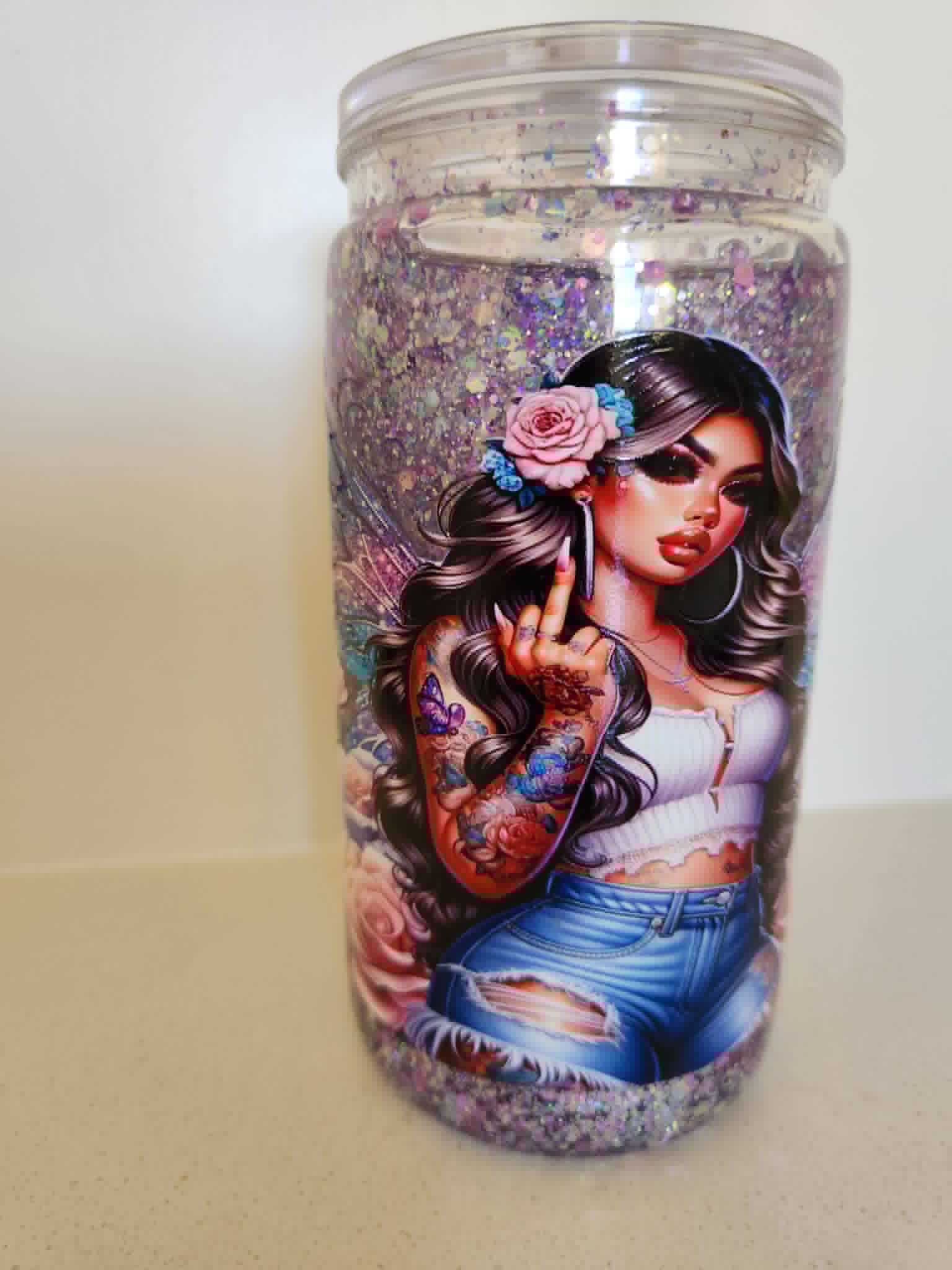 16oz Acrylic Snow Globe - Tattooed girl with roses and butterflies design
