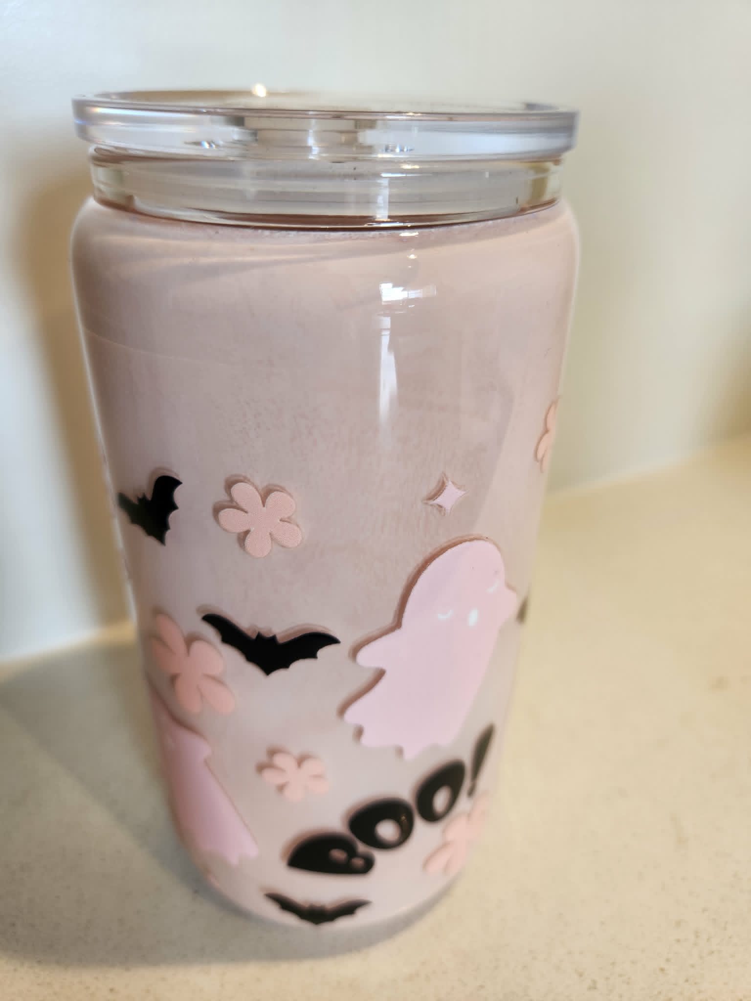 BOO Pink Ghost snow globe glass Libby cup - back view showing bats and ghosts floating on pink frosted glass