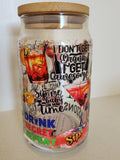 16oz Glass Libby Cup - Badass Babe tattooed girl with pink hair and dark sunflowers