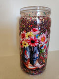 16oz Snow Globe Glass Libby - Cowboy Boots & Wildflowers - front view