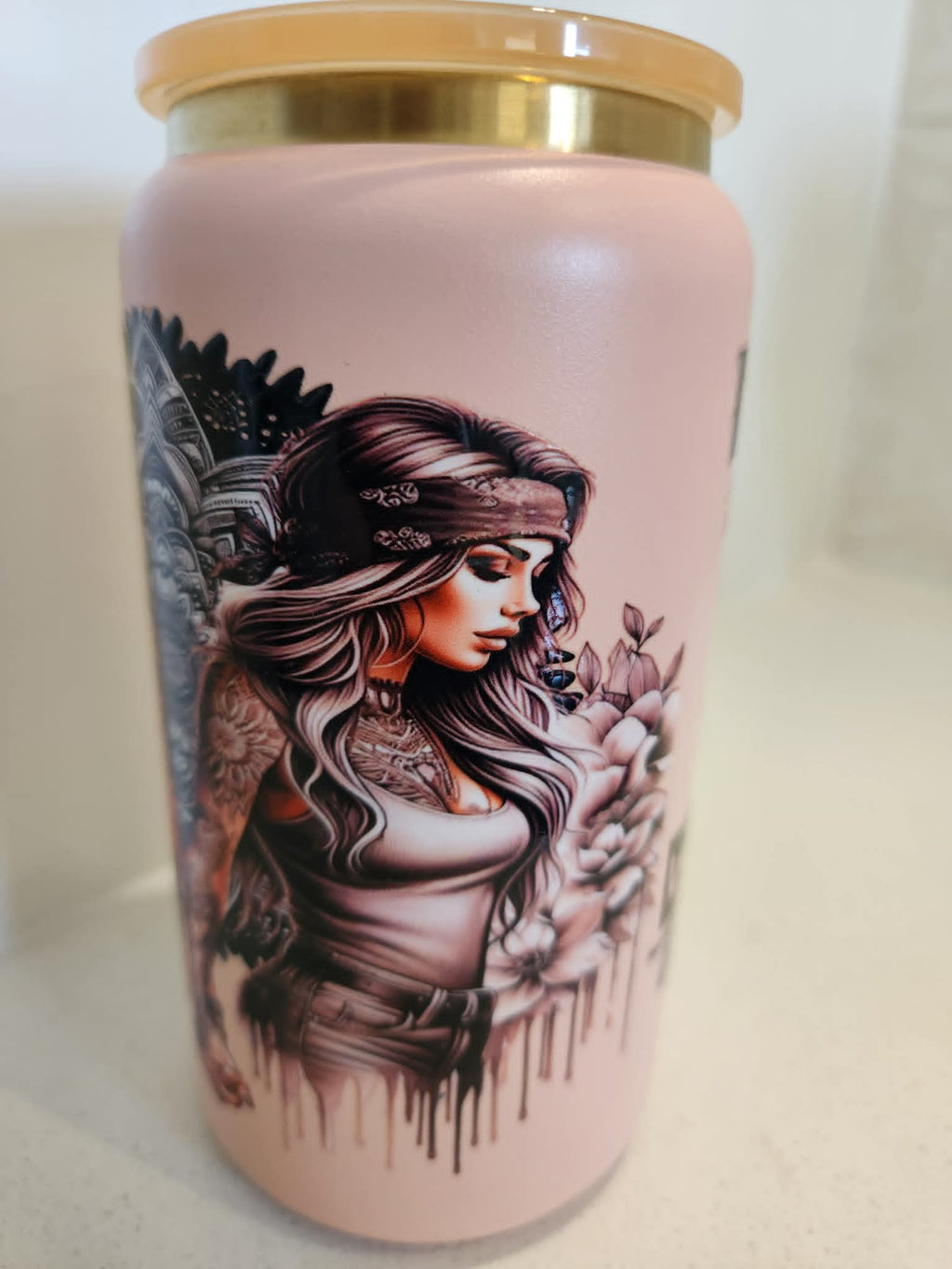 WTF BFF stainless steel Libby cup - side view showing tattooed girl with peonies and mandala wings