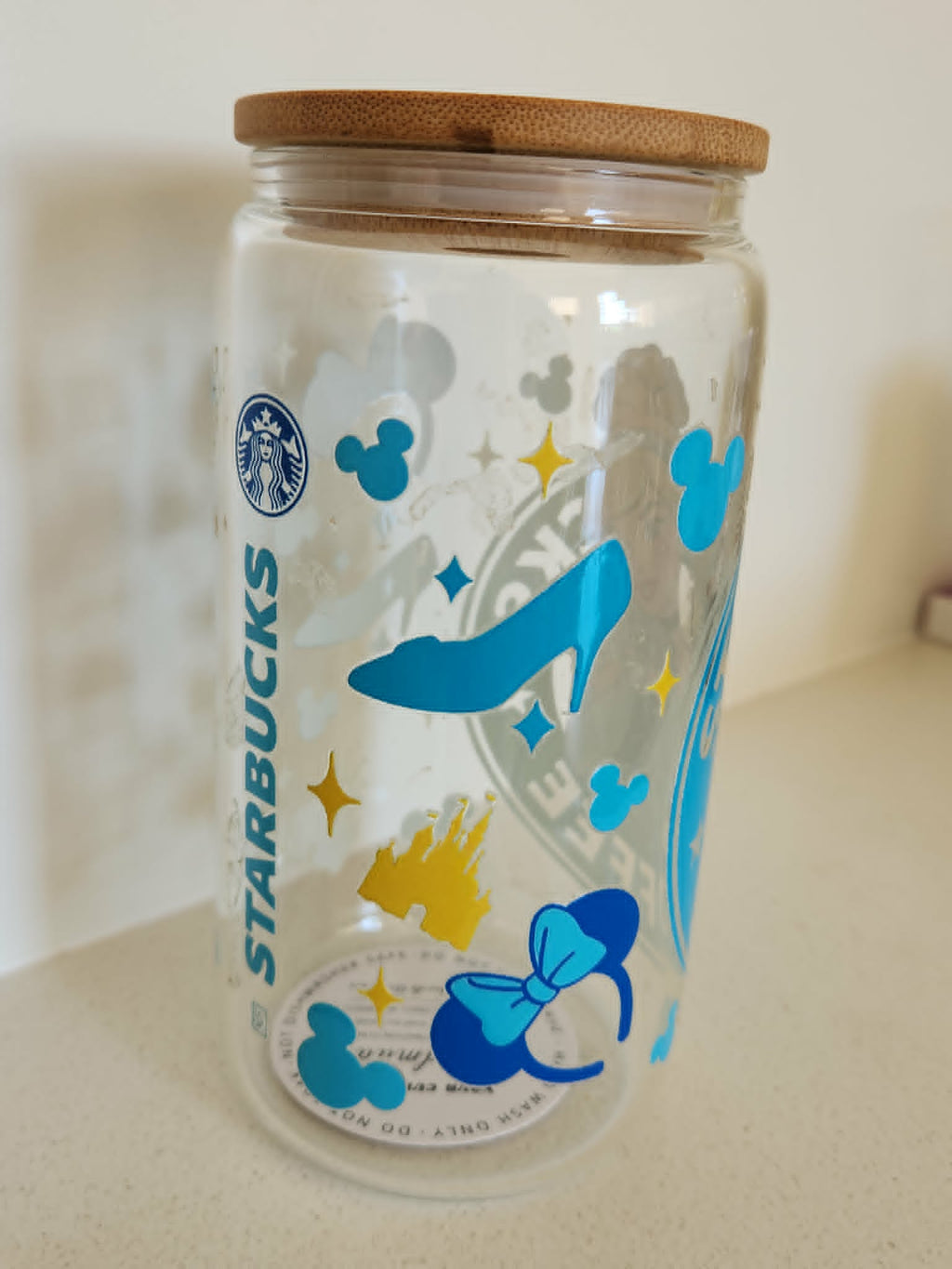 16oz Glass Libby Cup - Cinderella Starbucks design with Mickey ears and glass slipper