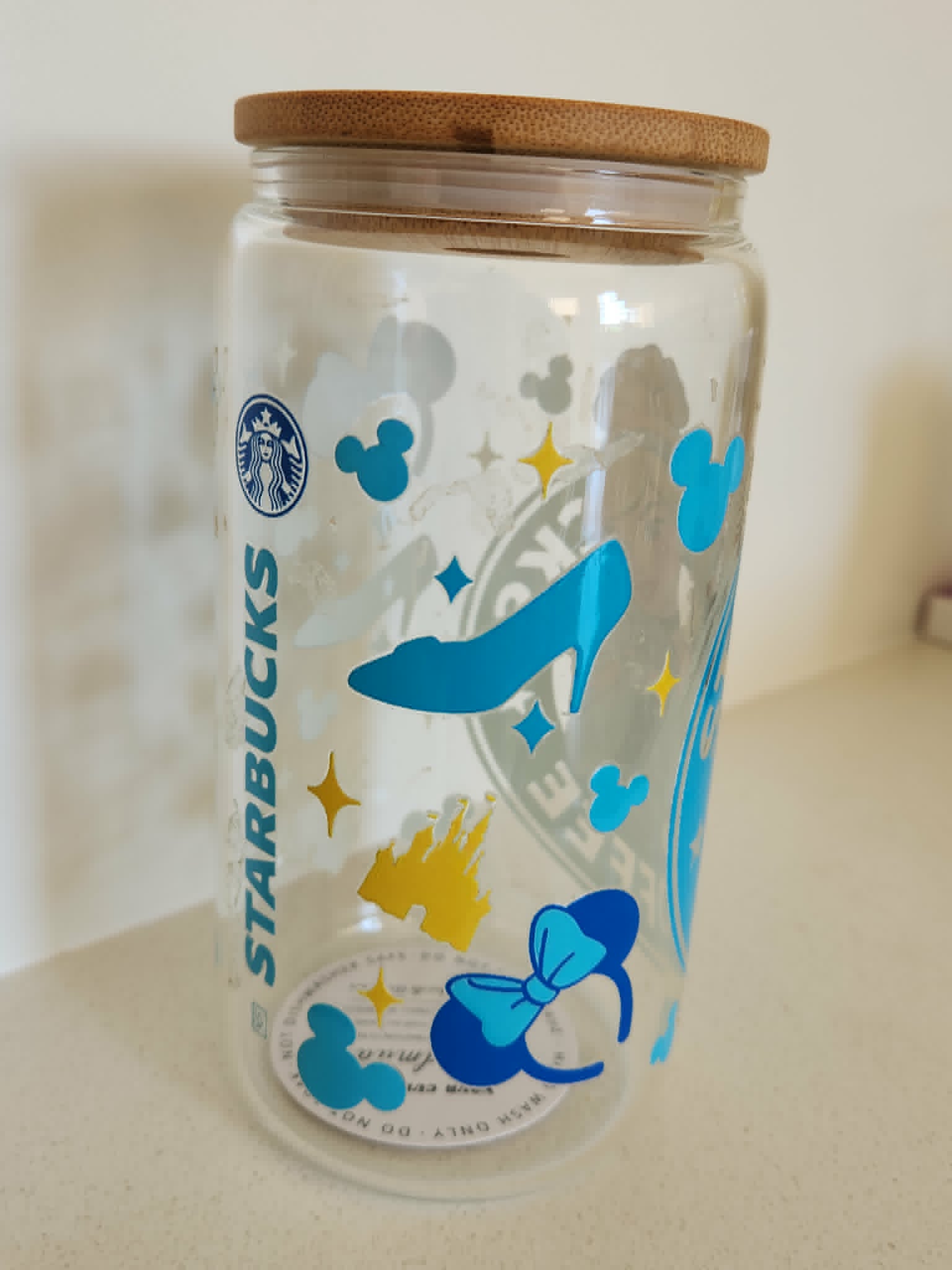 16oz Glass Libby Cup - Cinderella Starbucks design with Mickey ears and glass slipper