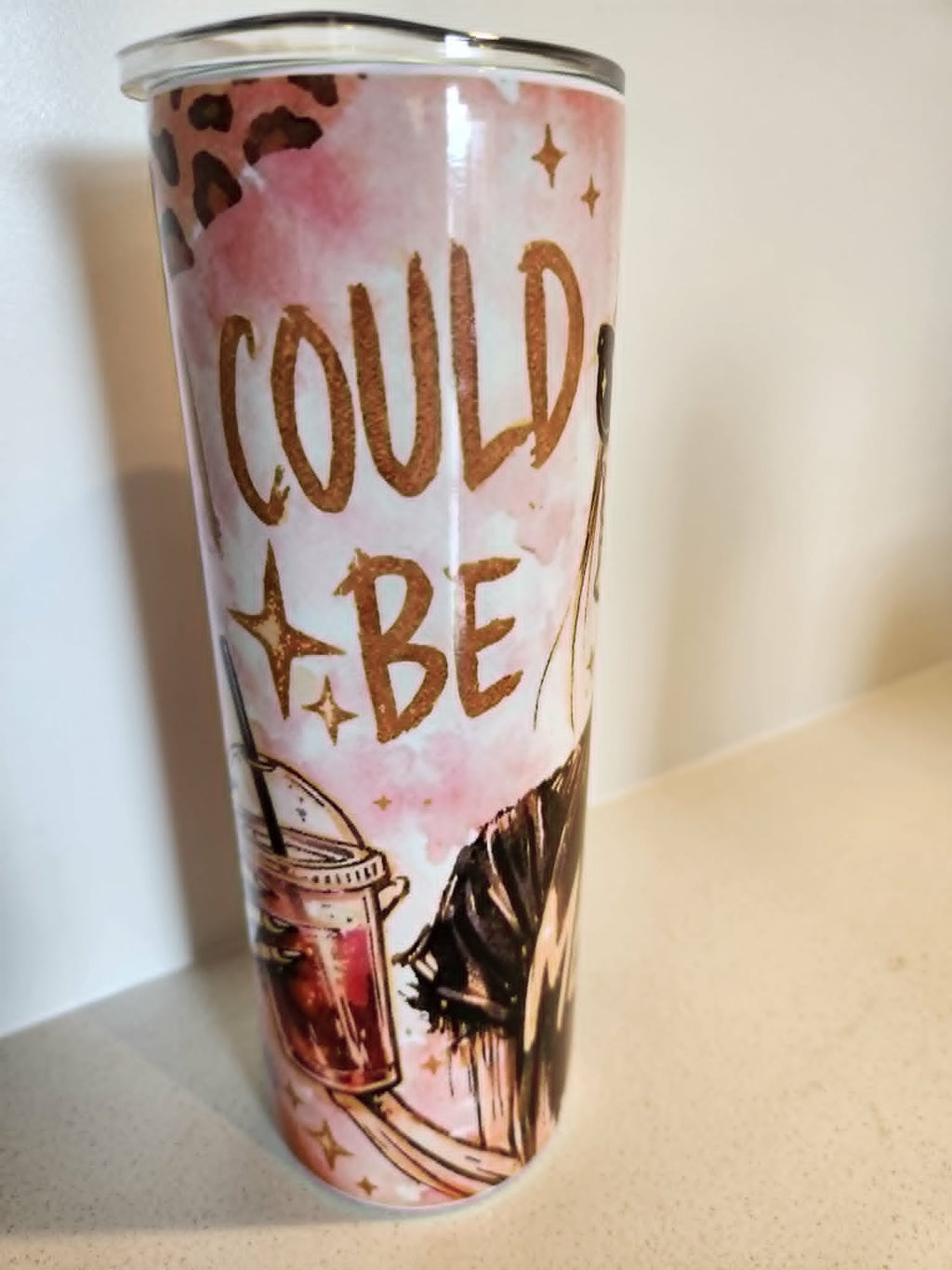 Could Be Cleaner skeleton girl tumbler - front view with pink watercolour and leopard print