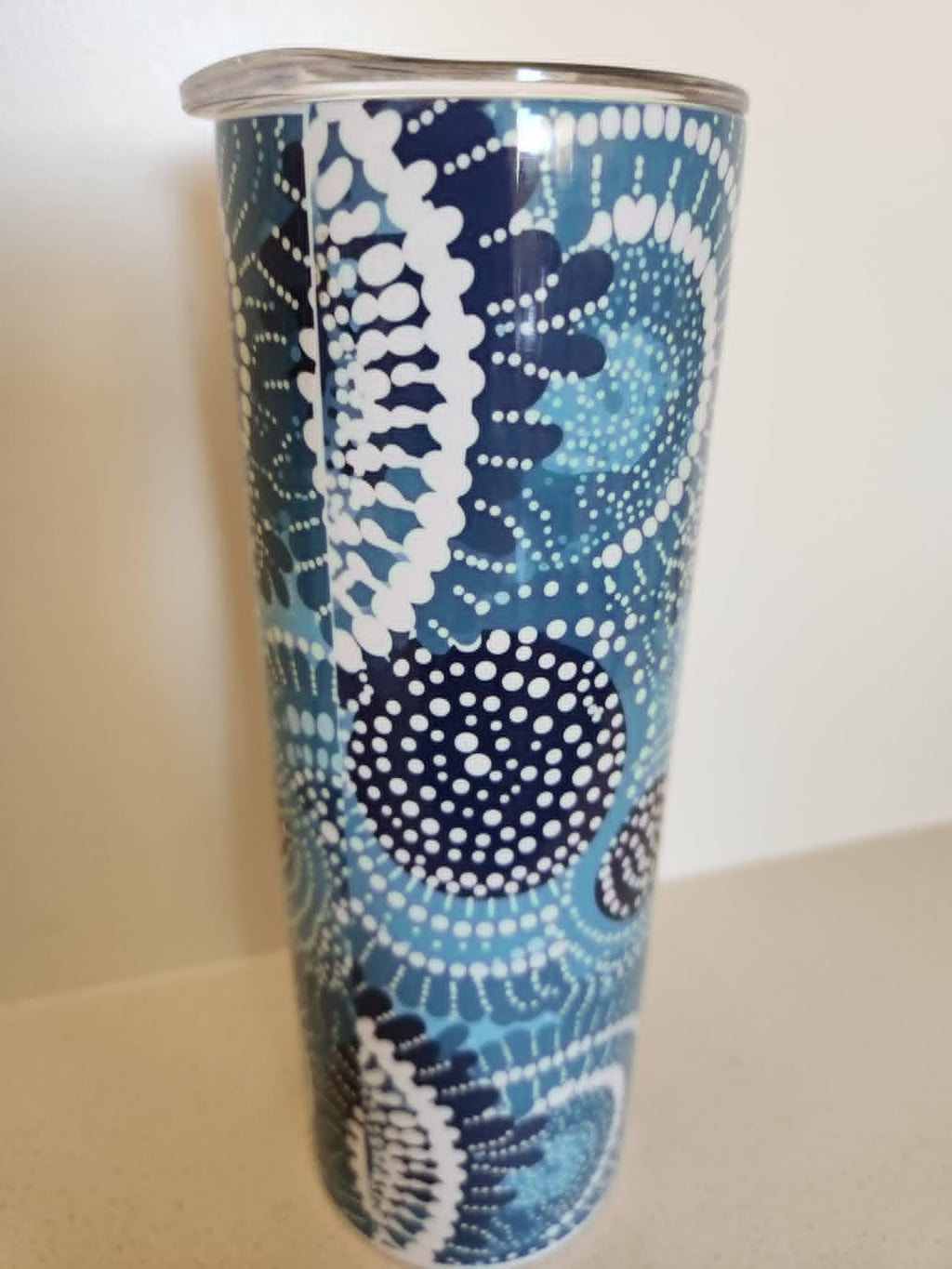 Ocean Dreaming tumbler - back view with full wrap coastal dot art design