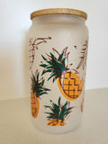 16oz Frosted Glass Libby Cup - tropical pineapple design with bamboo lid front view