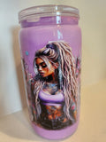 Badass Babe purple snow globe acrylic Libby cup - front view showing tattooed woman with dreads on lavender background