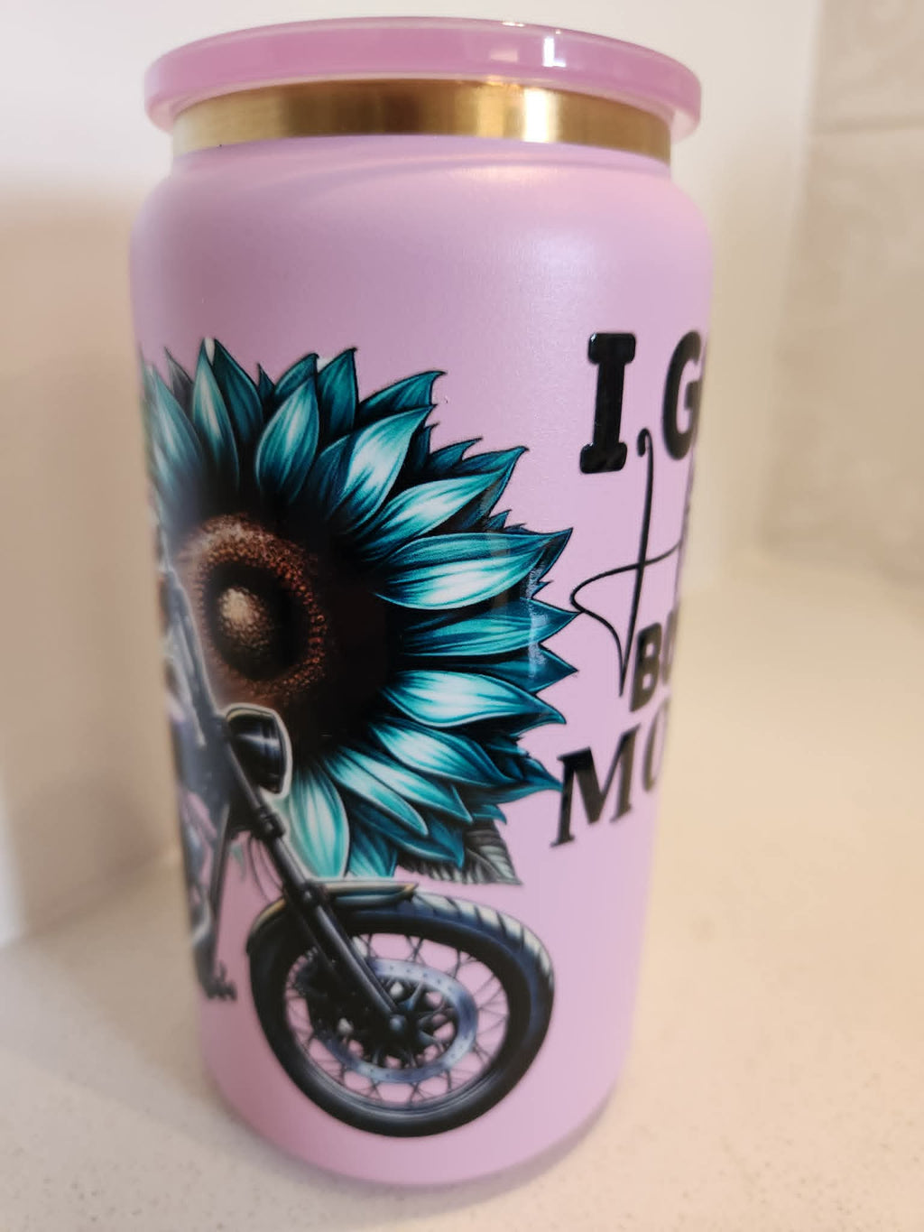 I Gotta Good Heart But This Mouth stainless steel Libby cup - side view showing teal sunflower and motorcycle on pink background
