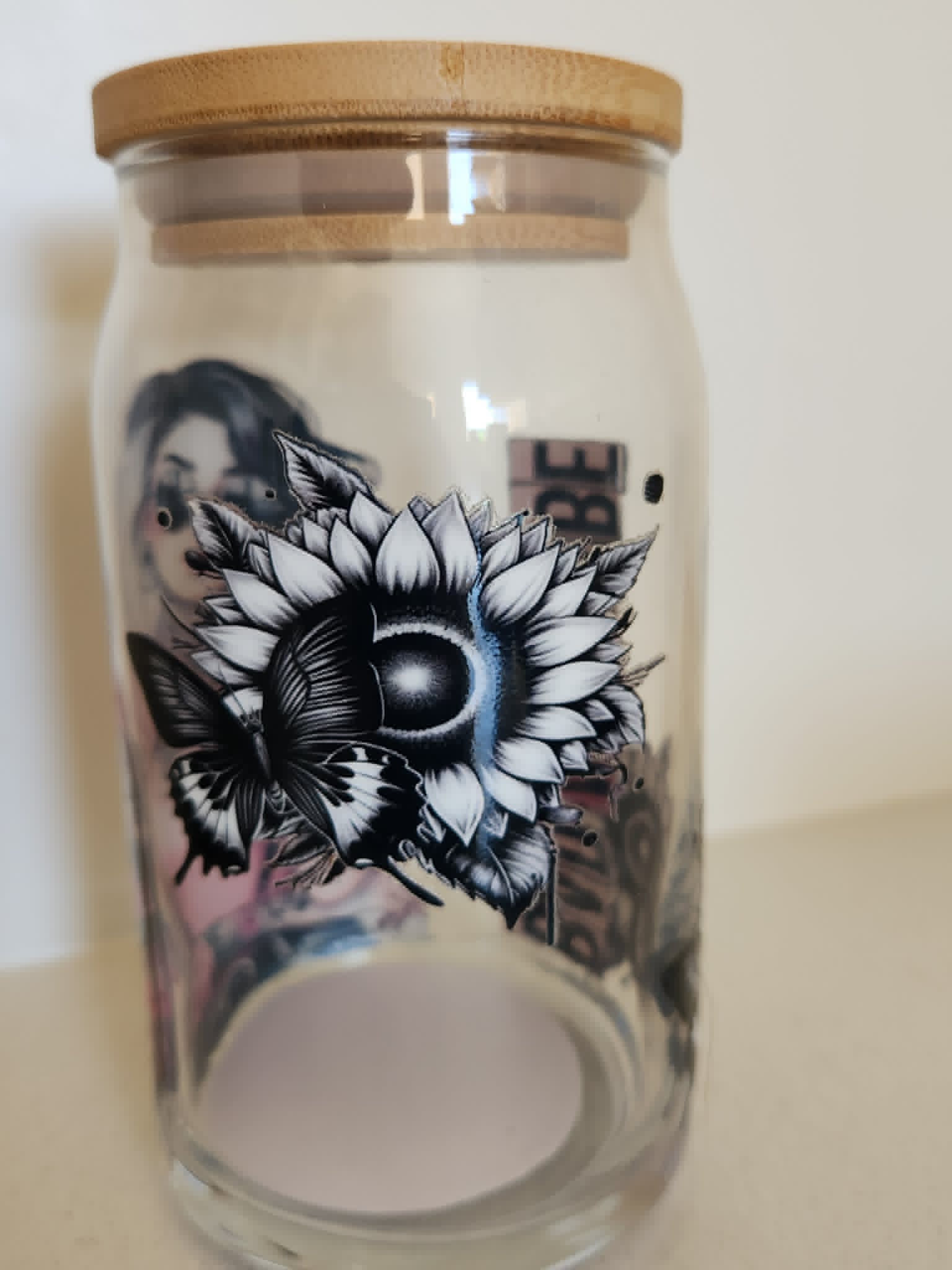 16oz Glass Libby Cup - gothic sunflower with butterfly side view Badass Babe design