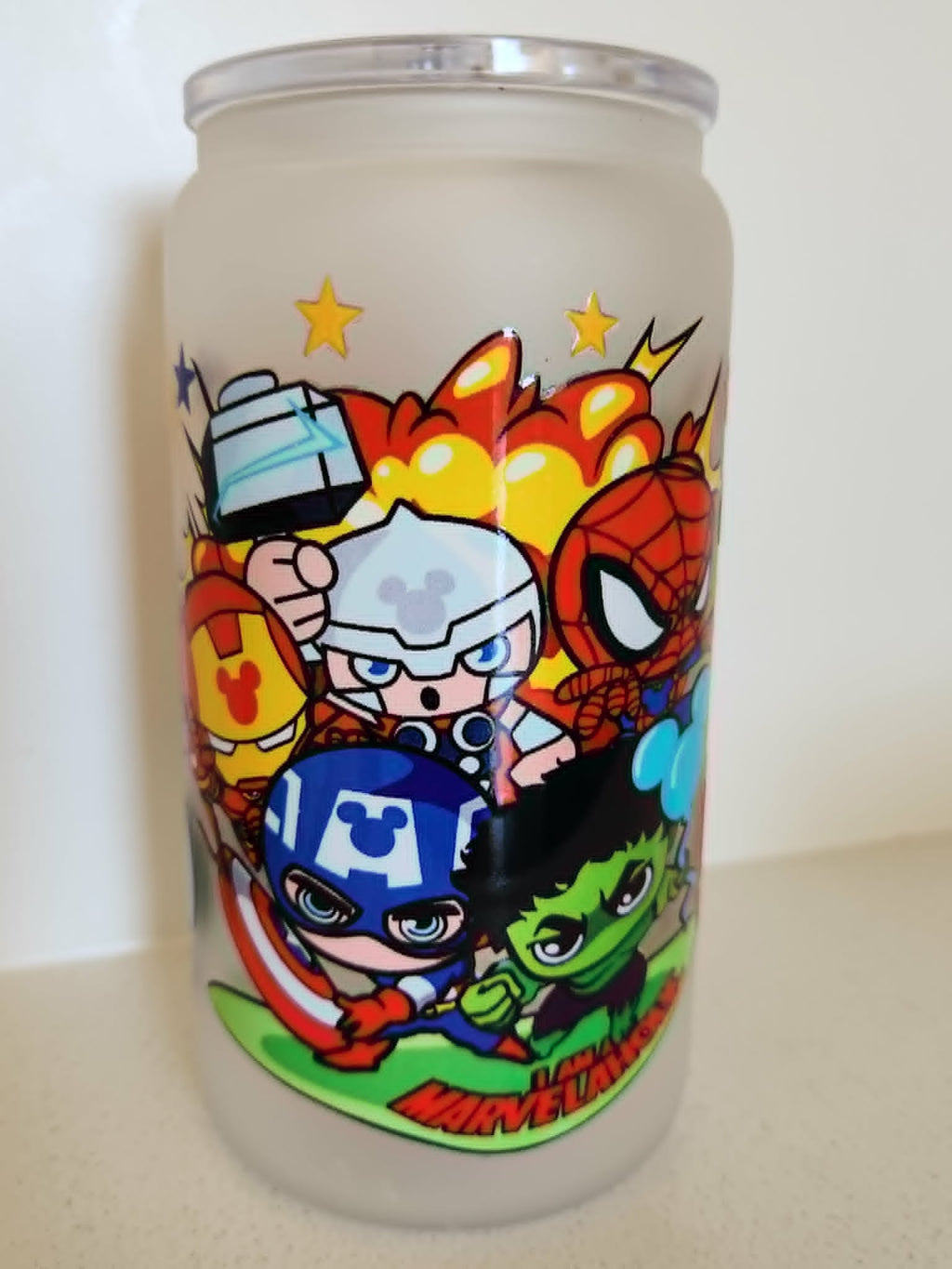 16oz Frosted Glass Libby Cup - chibi Marvel Avengers Thor Iron Man Spider-Man Captain America Hulk design