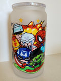 16oz Frosted Glass Libby Cup - chibi Marvel Avengers Thor Iron Man Spider-Man Captain America Hulk design