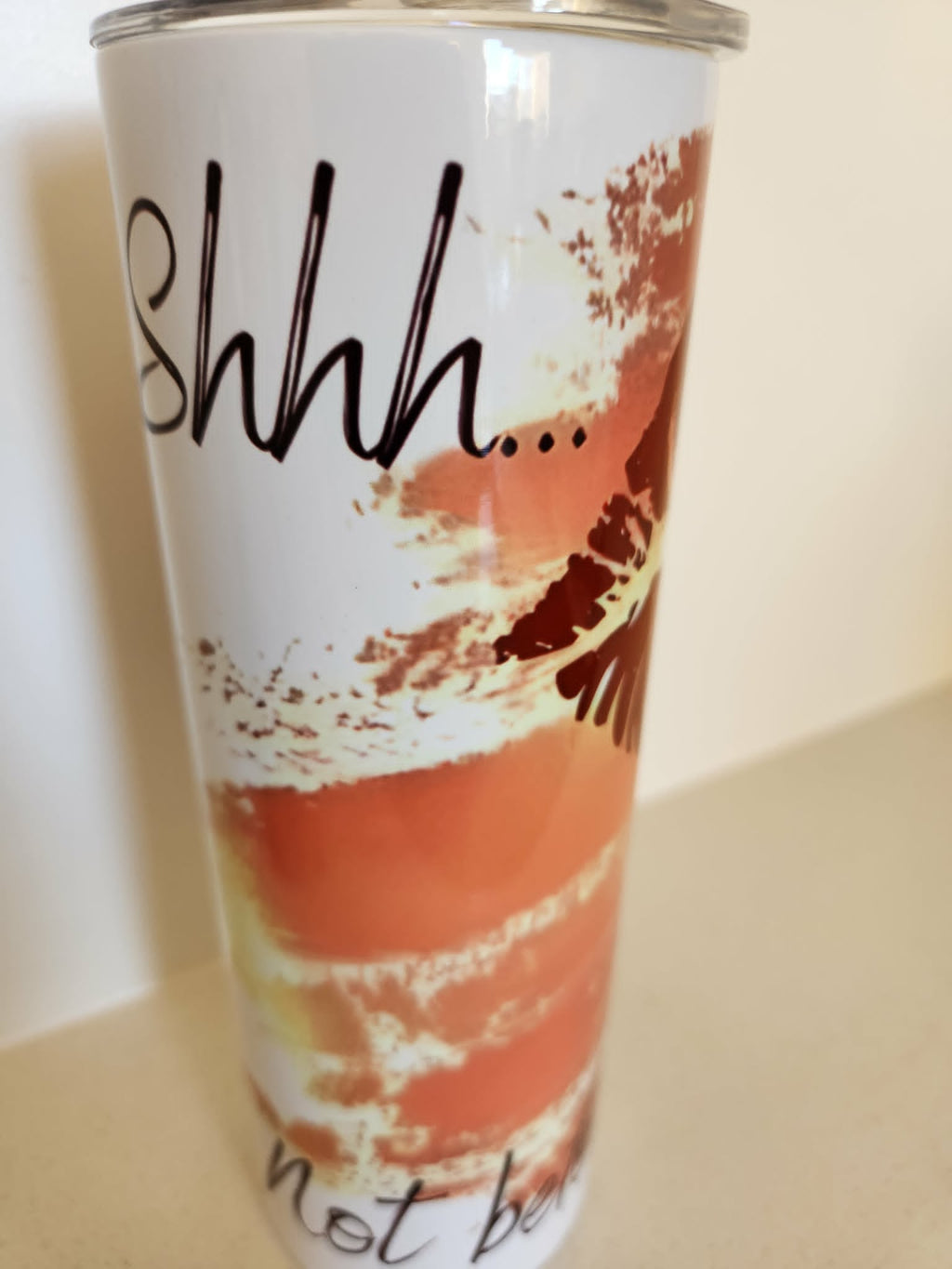 Shhh Not Before Coffee tumbler - back view with coffee text and terracotta design
