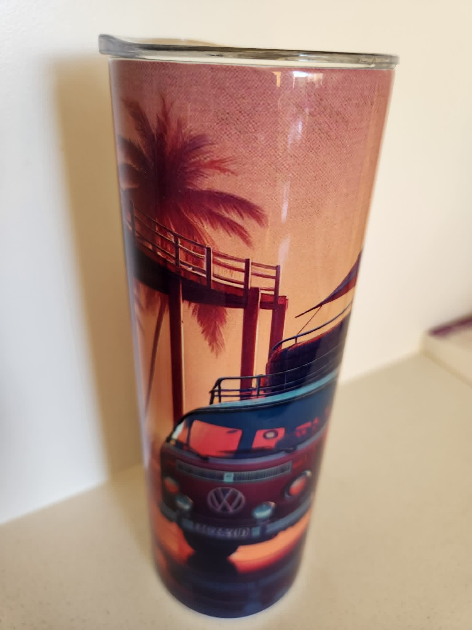 Retro Beach Sunset tumbler - front view with Kombi van and palm trees at sunset