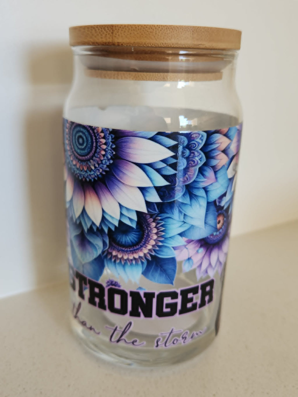16oz Glass Libby Cup - Stronger Than The Storm quote with purple mandala flowers
