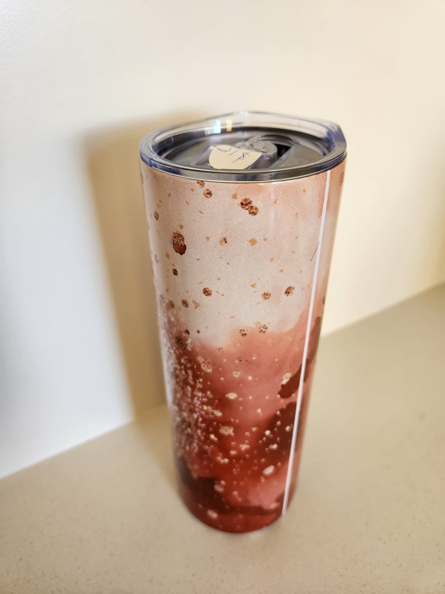 Anything Before Coffee Doesn't Count tumbler - back view showing brown to blush ombre gradient