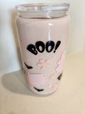 BOO Pink Ghost snow globe glass Libby cup - front view showing BOO text with pink ghosts and black bats