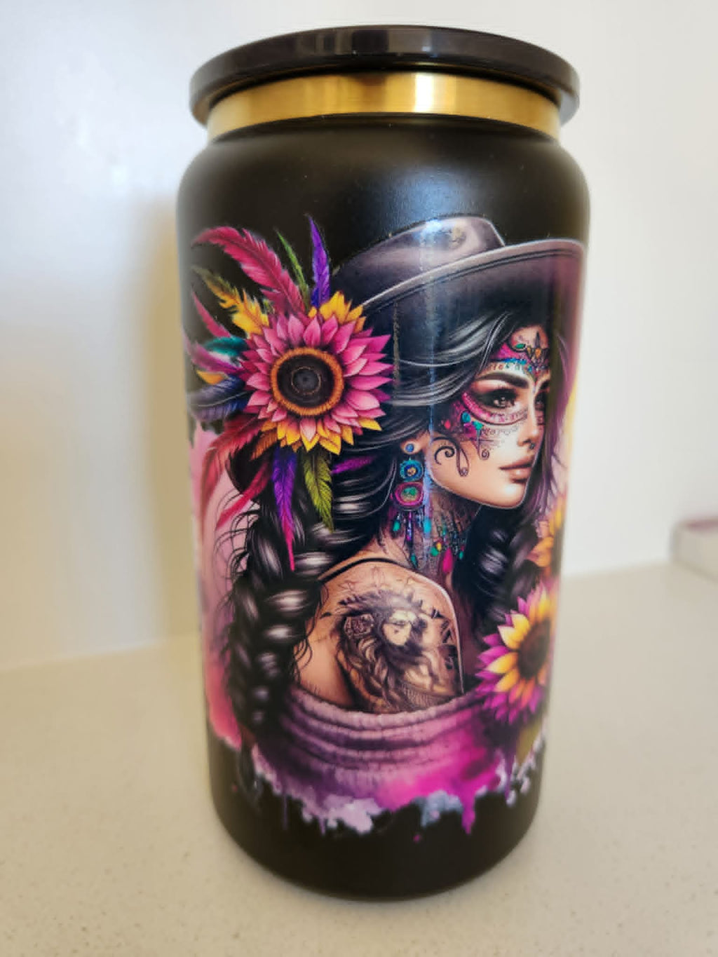 16oz Stainless Libby Cup - Boho cowgirl with sugar skull face paint sunflowers and feathers