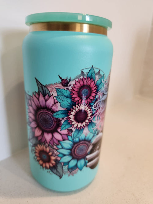 Over Stimulated stainless steel Libby cup - sunflower side showing colourful flowers on teal frosted finish