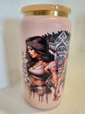 WTF BFF stainless steel Libby cup - front view showing tattooed boho girl with mandala headdress on blush pink