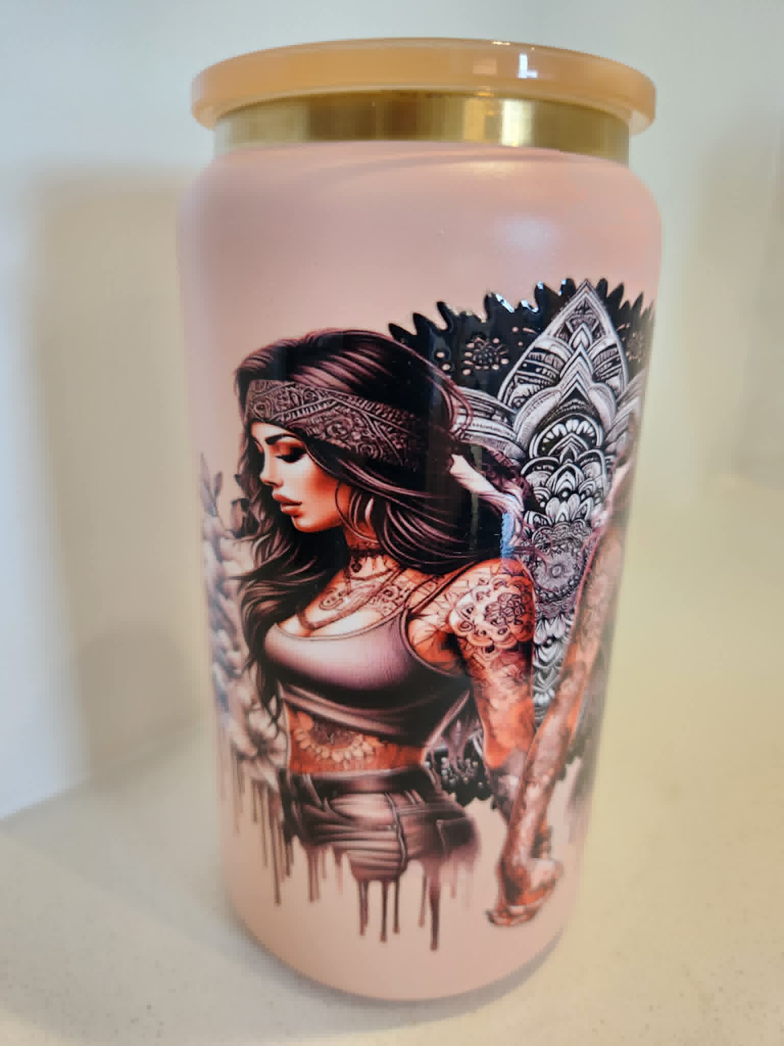 WTF BFF stainless steel Libby cup - front view showing tattooed boho girl with mandala headdress on blush pink