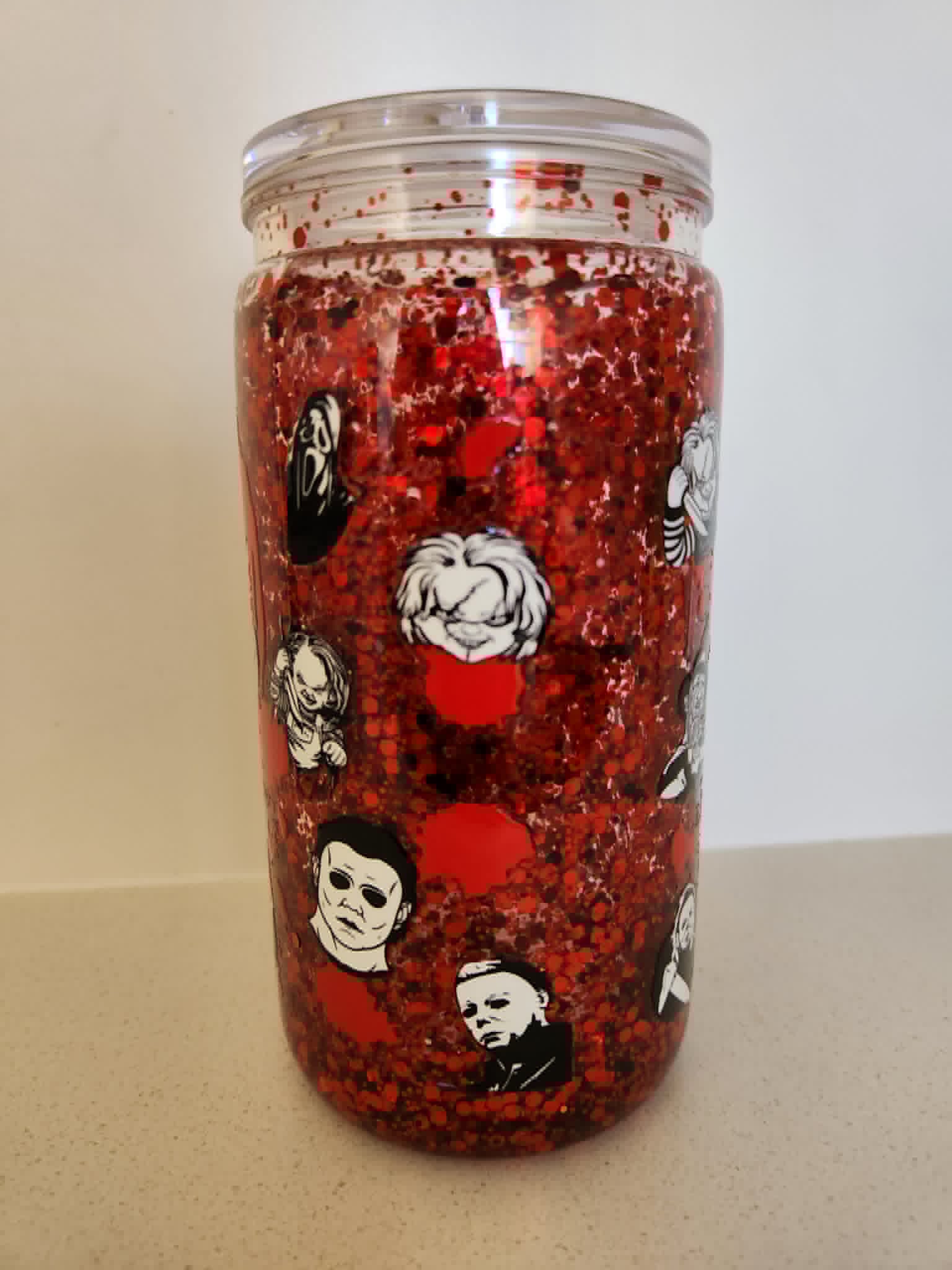16oz Snow Globe Glass Libby Cup - horror icons Ghostface Michael Myers Chucky Leatherface red glitter