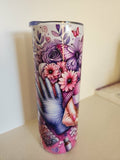 Caregiver 20oz sublimation tumbler - front view with gloves and flowers design