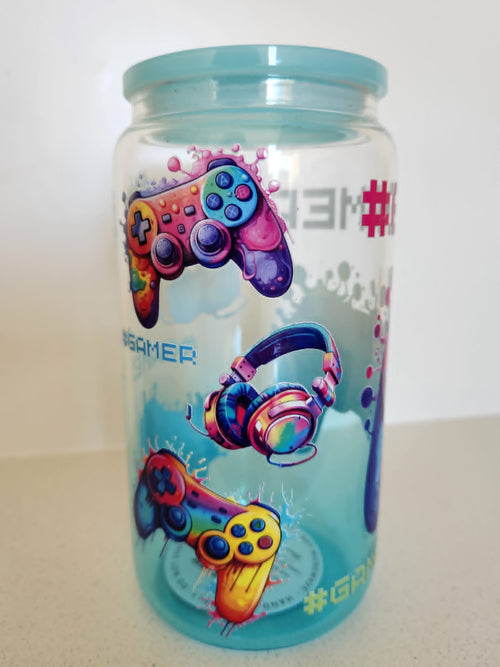 16oz Glass Libby Cup - Gamer design side view with pink and orange controllers