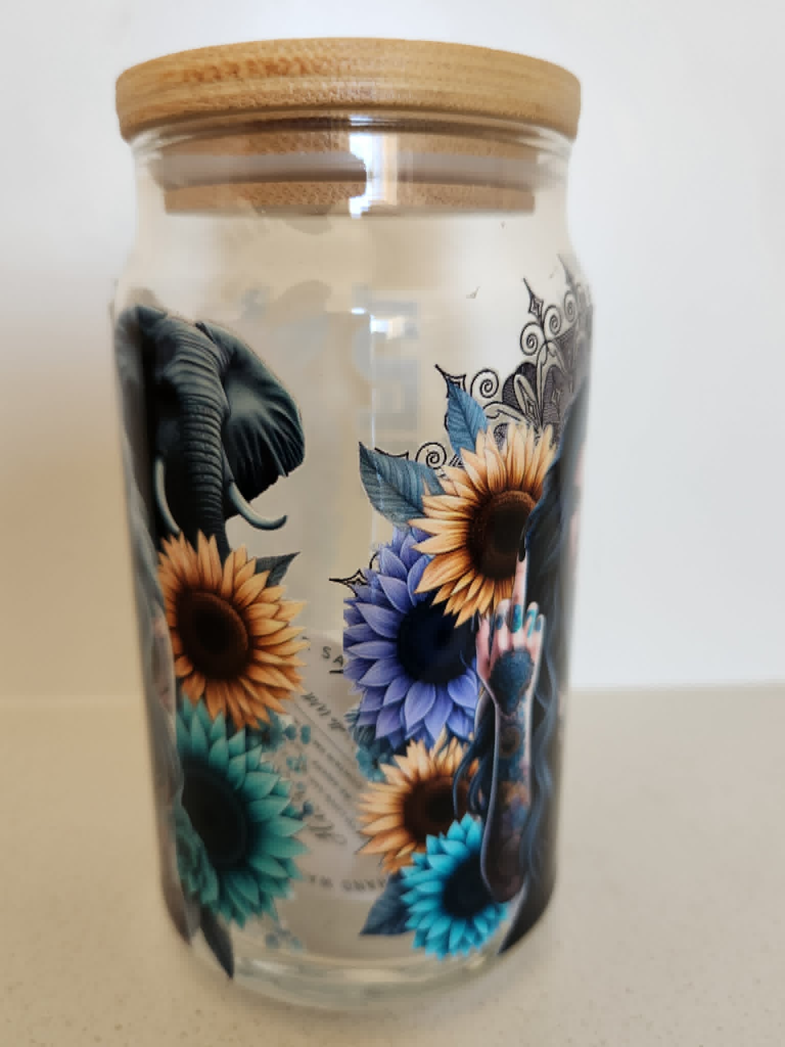 16oz Glass Libby Cup - elephant silhouette with gold purple teal sunflowers side view