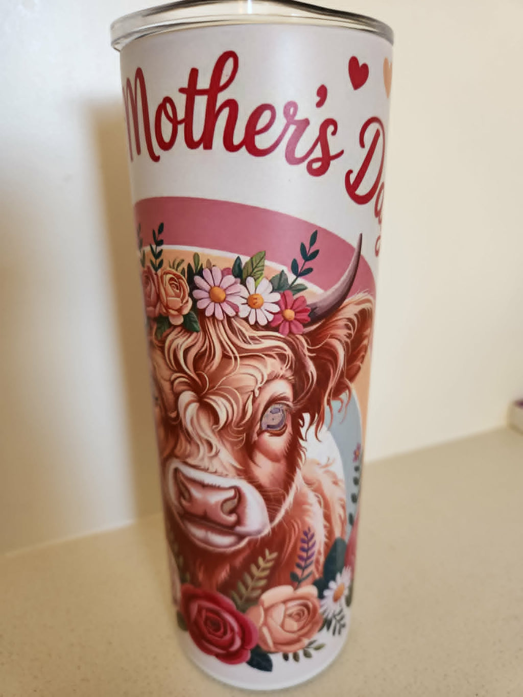 Happy Mother's Day Highland Cow glow tumbler - side view showing Mother's Day text
