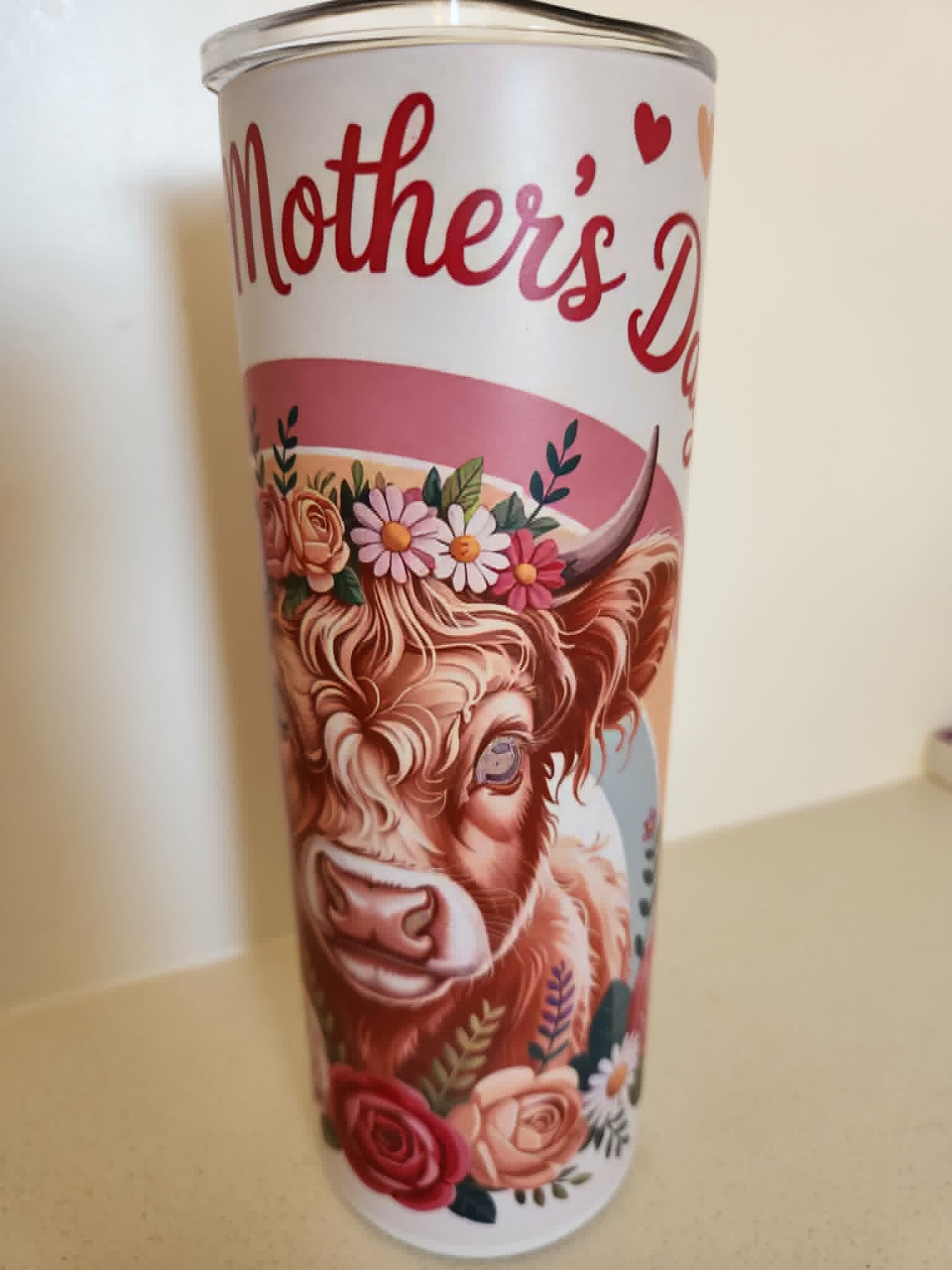 Happy Mother's Day Highland Cow glow tumbler - side view showing Mother's Day text